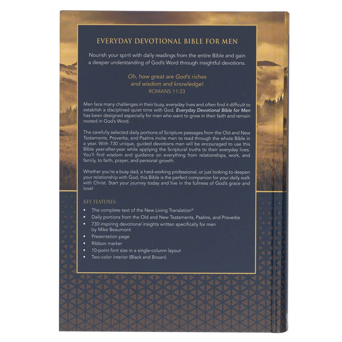NLT Everyday Devotional Bible for Men Gold and Navy Mountain View Hardcover 10 point font