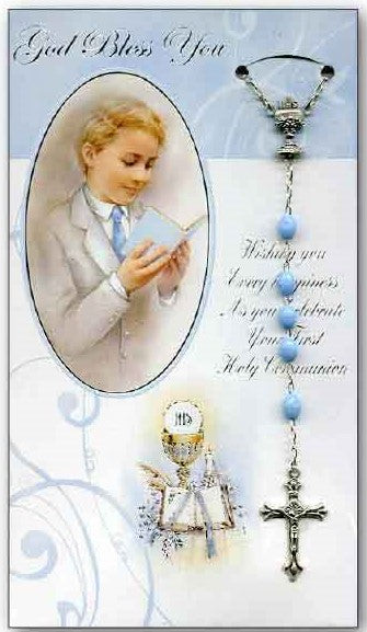 First Holy Communion Card with Blue Rosary for Boys — Christian